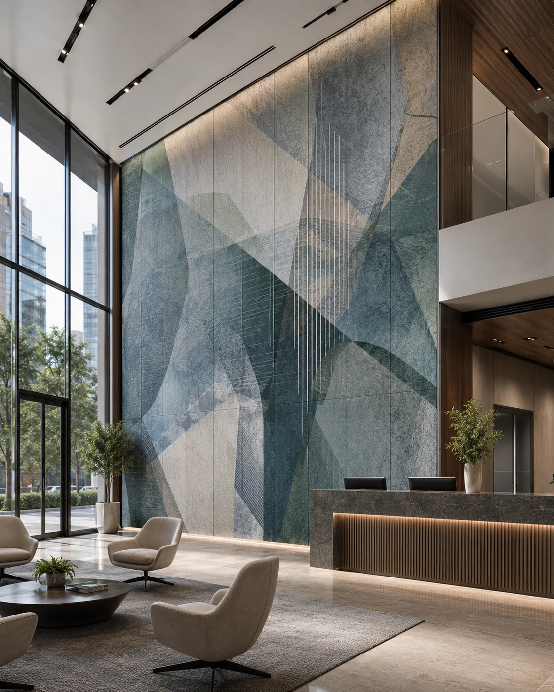 Render de un vestíbulo de doble altura con un mural de formas amplias en tonos azules y una recepción de madera